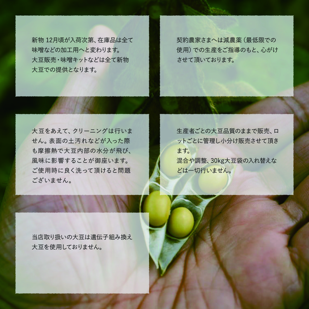 契約農家さまへは減農薬（最低限での使用）での生産をご指導のもと、心がけさせて頂いております。当店取り扱いの大豆は遺伝子組み換え大豆を使用しておりません。